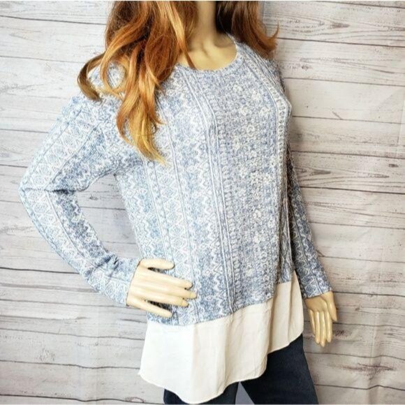 Kiara Small Blue Patterned Long Sleeve Knit Sweater With White Hem fall orchard - Picture 2 of 7
